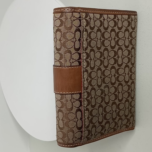 Coach Signature Jacquard & Leather Tri Fold Wallet Tan w/Red Interior - Picture 2 of 13